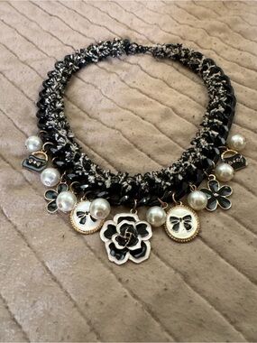 Betsey Johnson inspired Black and White Floral Charm Statement Necklace